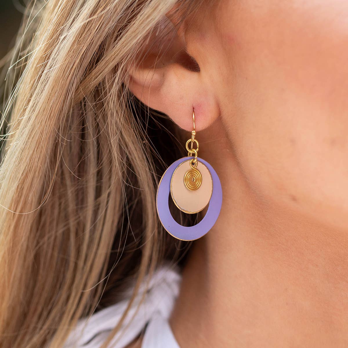 Round Cut out Purple Layers Brass Patina Earrings