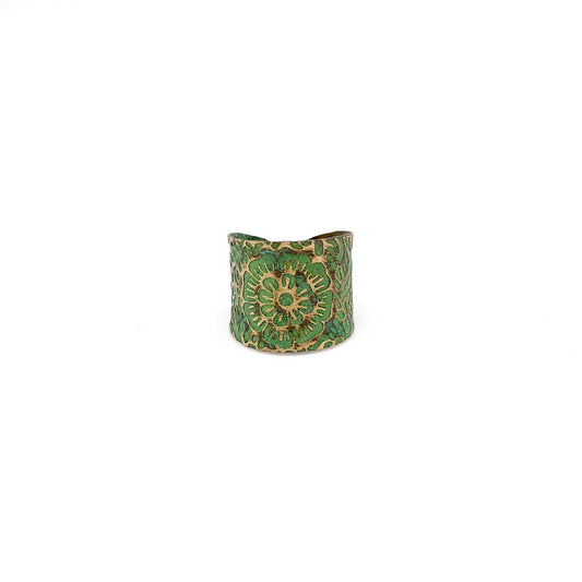 Brass Patina Ring - Chartreuse Floral Scrollwork Design