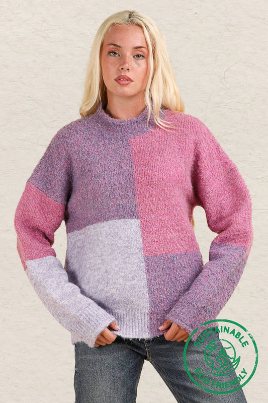 ECO purple Oversized Color Block Cozy Knit Sweater