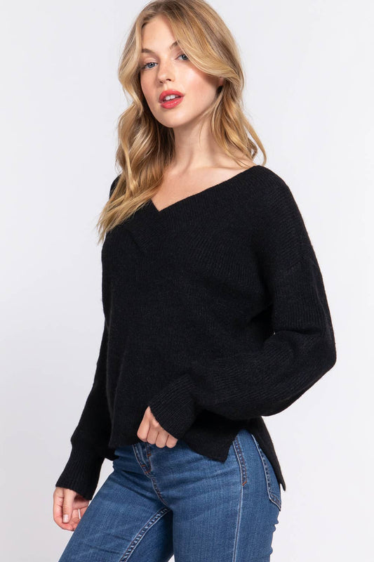 Black Double V-Neck  Sweater