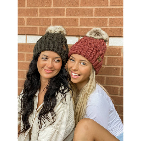 Solid Lattice Fur Pom CC Beanie