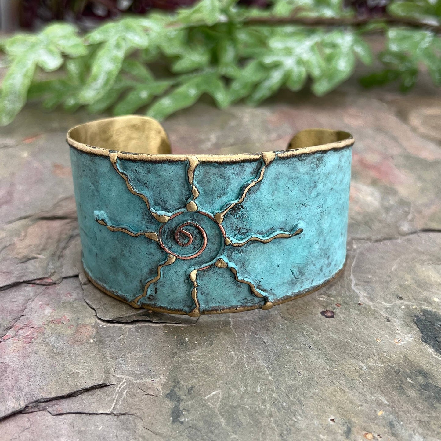 Teal sun -Brass Patina Cuff Bracelet