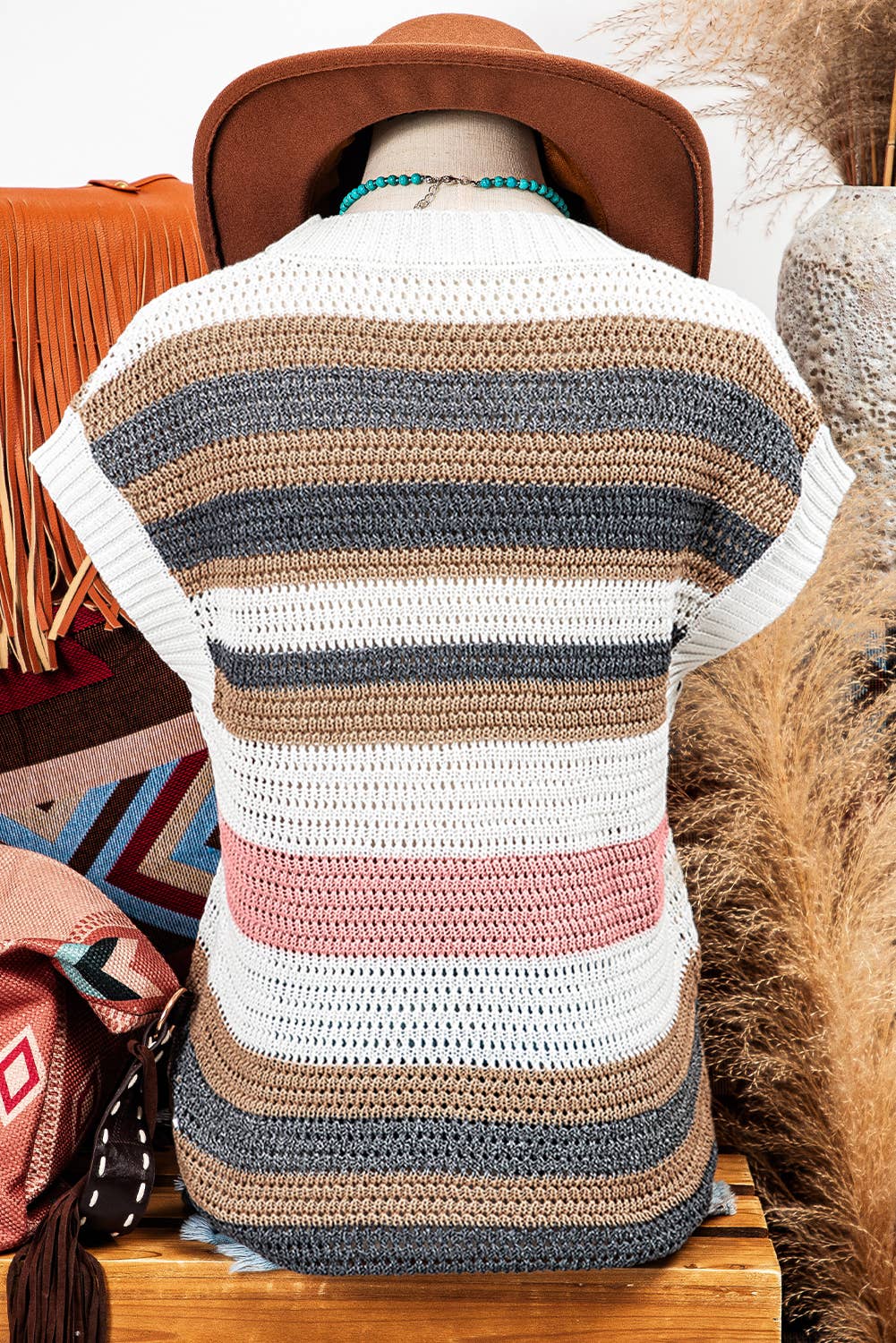 Stripe Eyelet Knit Short Sleeve Sweater Tee