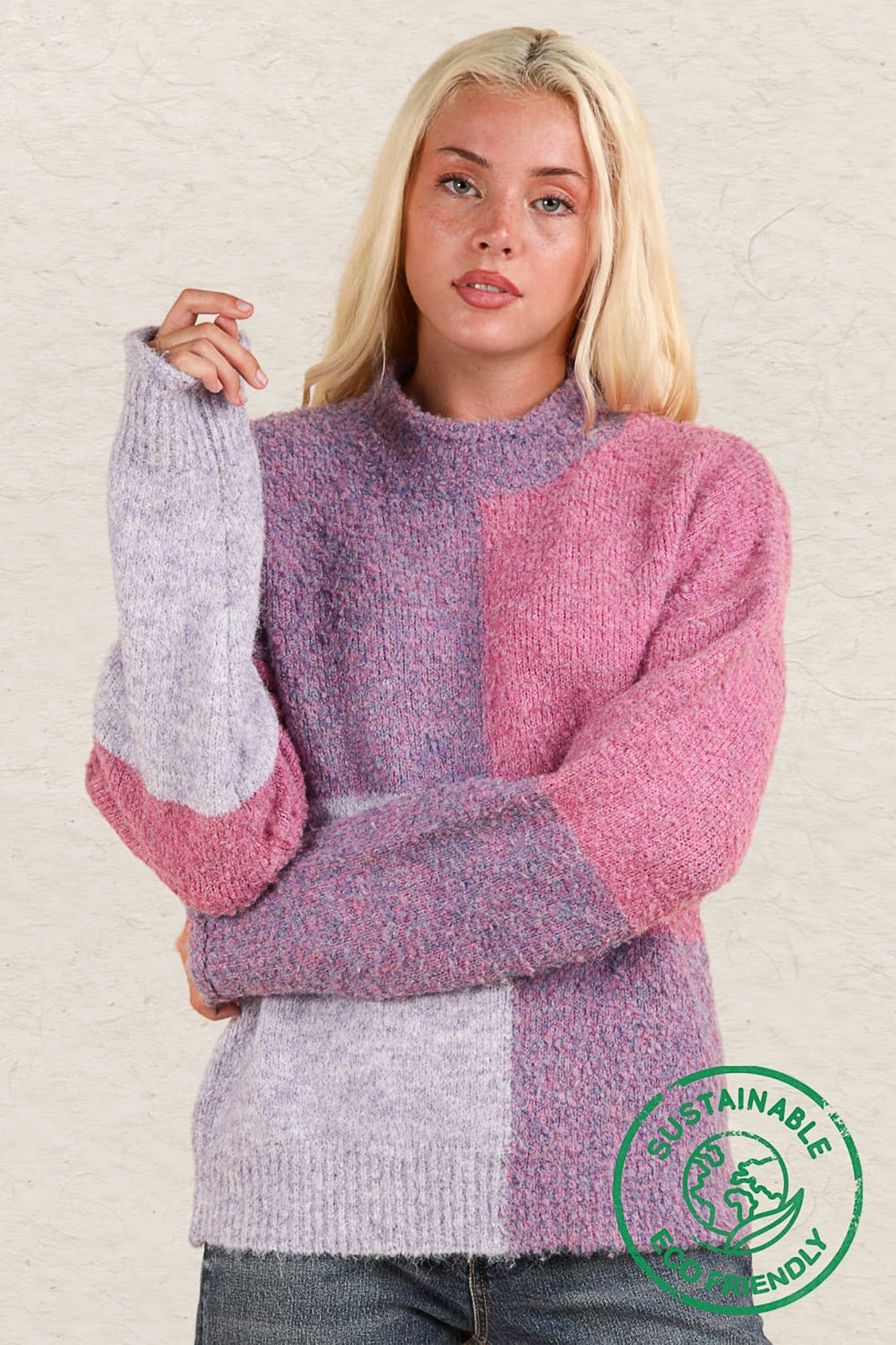 ECO purple Oversized Color Block Cozy Knit Sweater