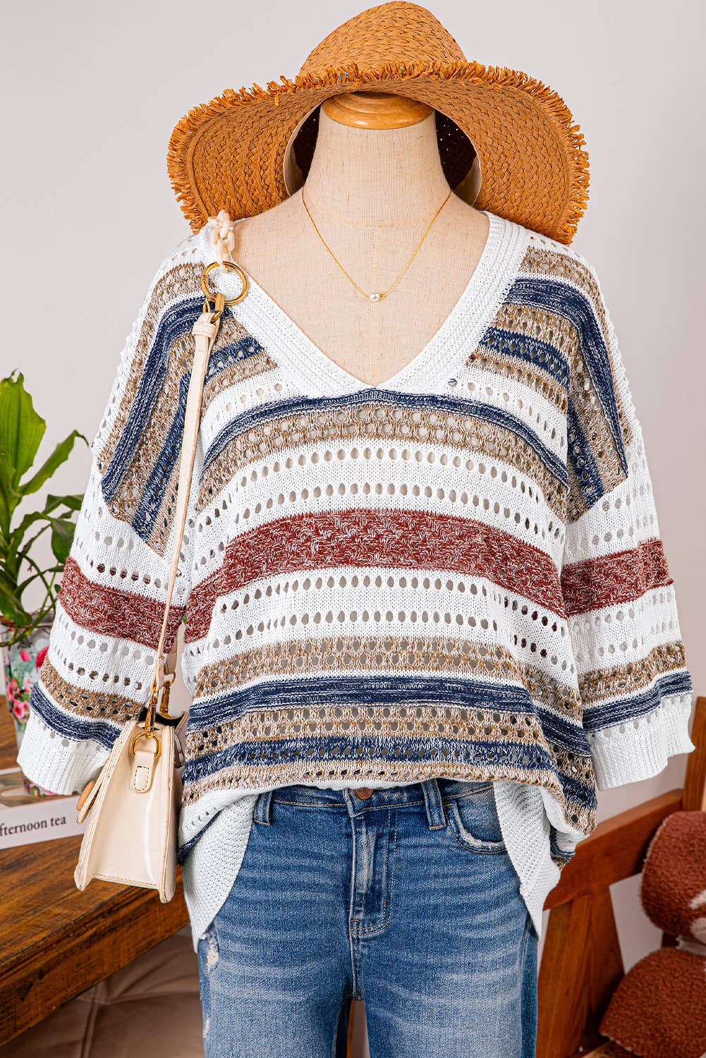 Stripe Hollow Out Half Sleeve Knitted Sweater