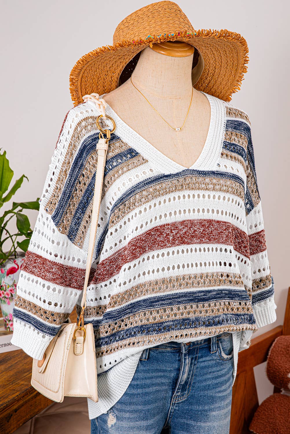 Stripe Hollow Out Half Sleeve Knitted Sweater