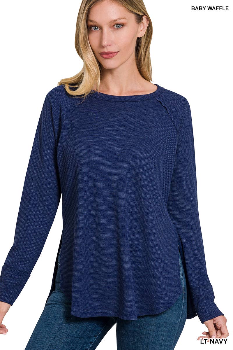 Navy Melange Waffle Long Sleeve Top