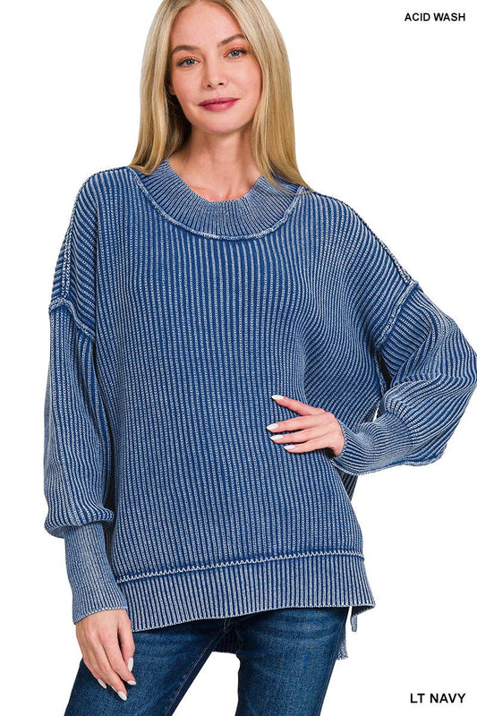 Blue Washed Side Slit Oversized Sweater