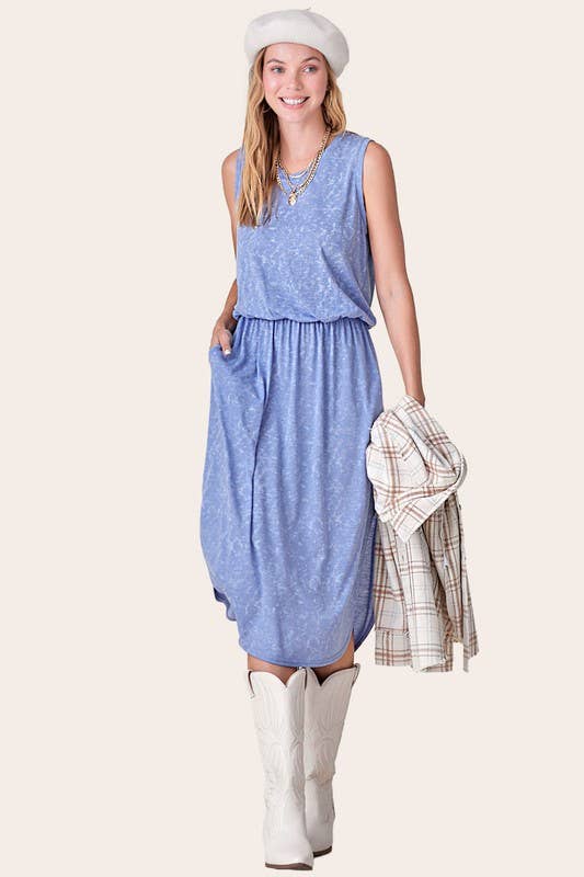 Blue Side Pocket Sleeveless Dress