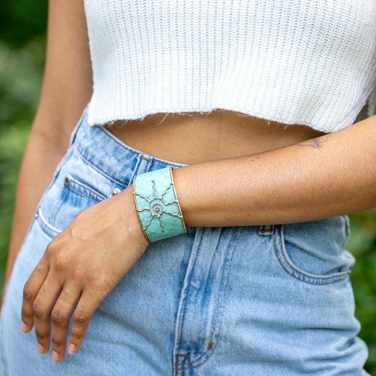 Teal sun -Brass Patina Cuff Bracelet