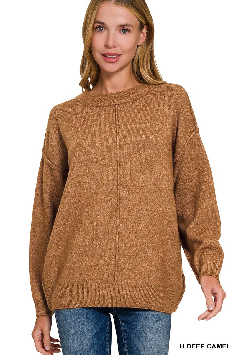 Deep camel seam round neck sweater