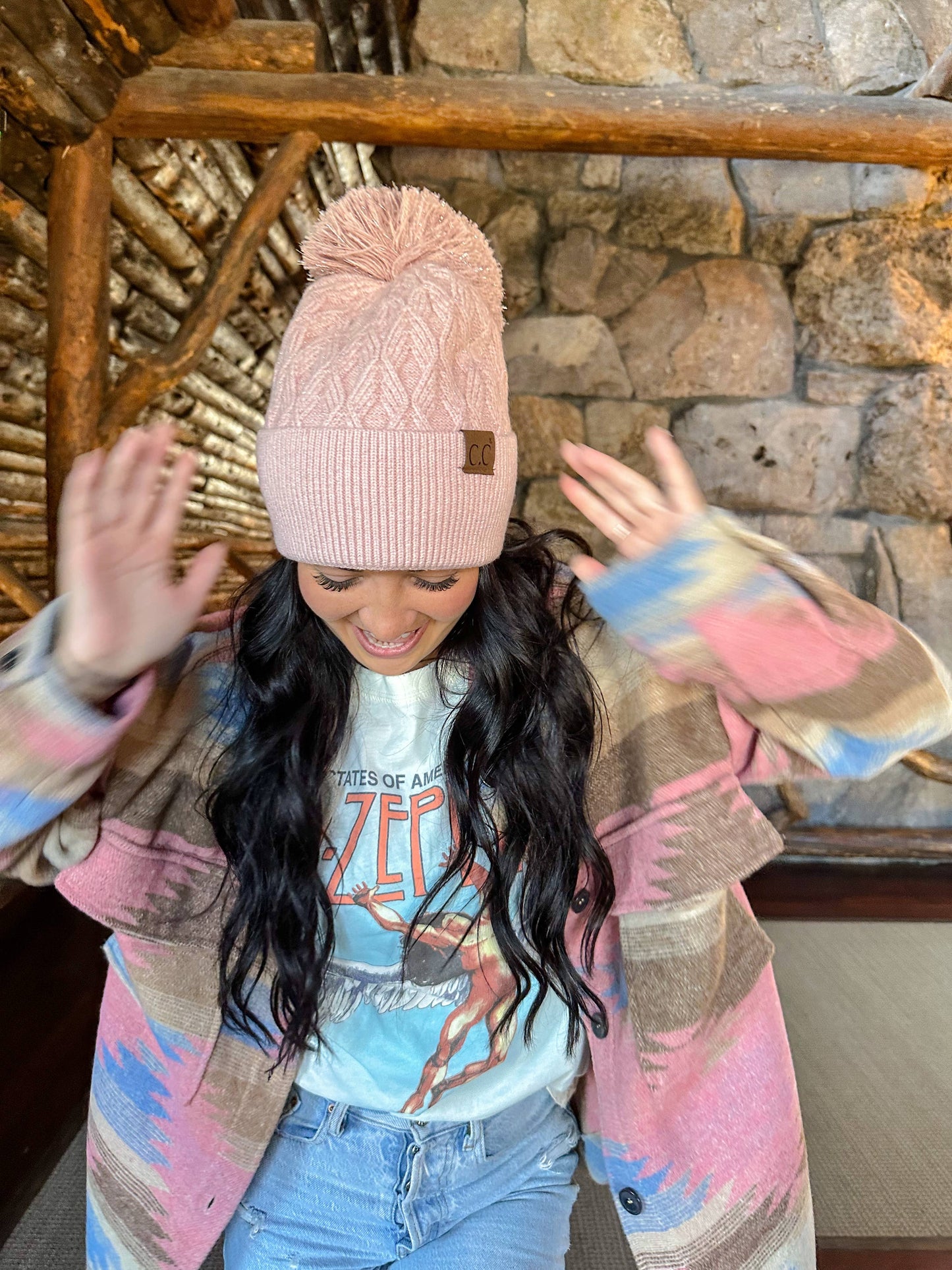 Pink Cable Knit Pom C.C Beanie