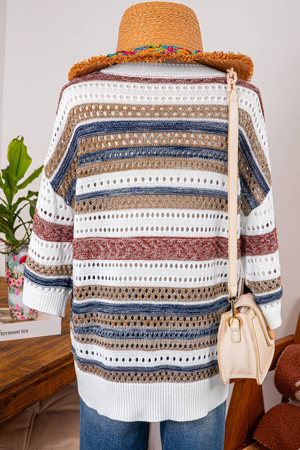 Stripe Hollow Out Half Sleeve Knitted Sweater