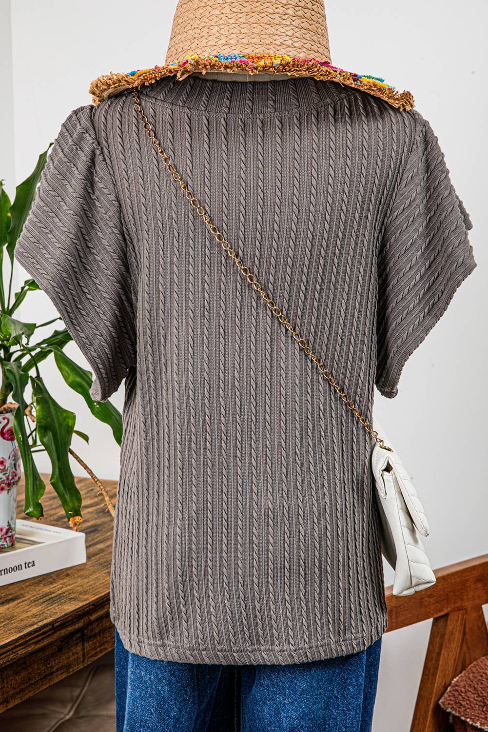 Grey Textured Flutter Sleeve Top