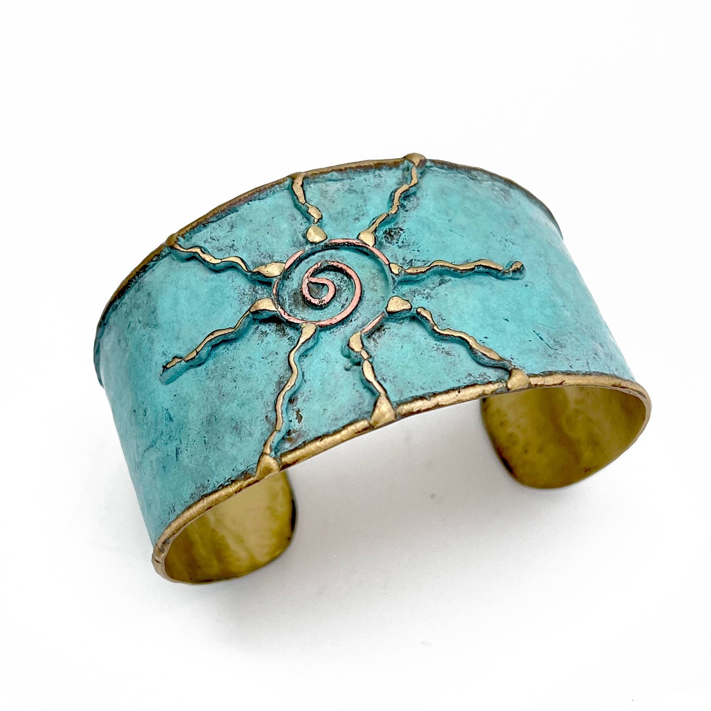 Teal sun -Brass Patina Cuff Bracelet