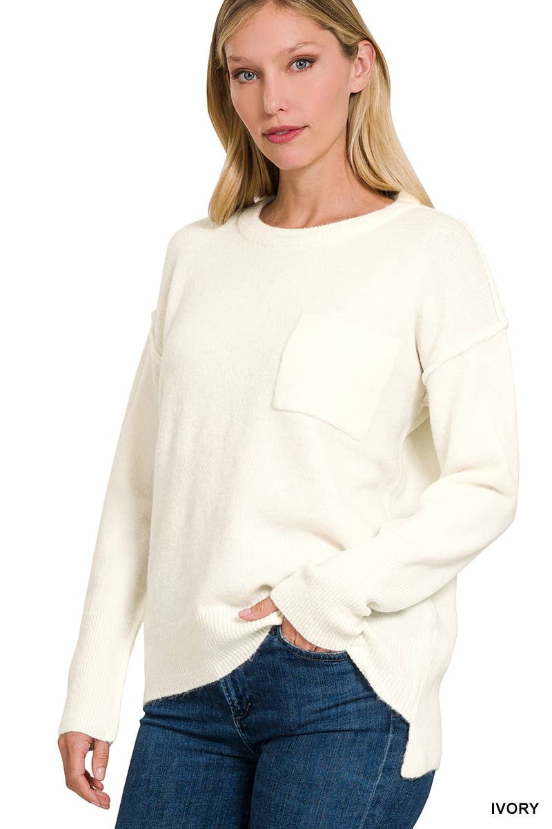 Melange Hem Pocket Round Neck Sweater