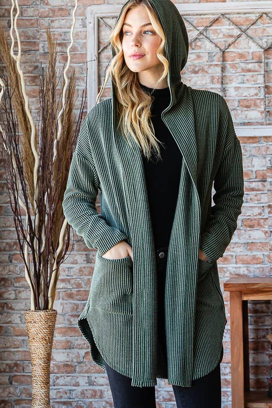 Olive ribbed hooded cardigan