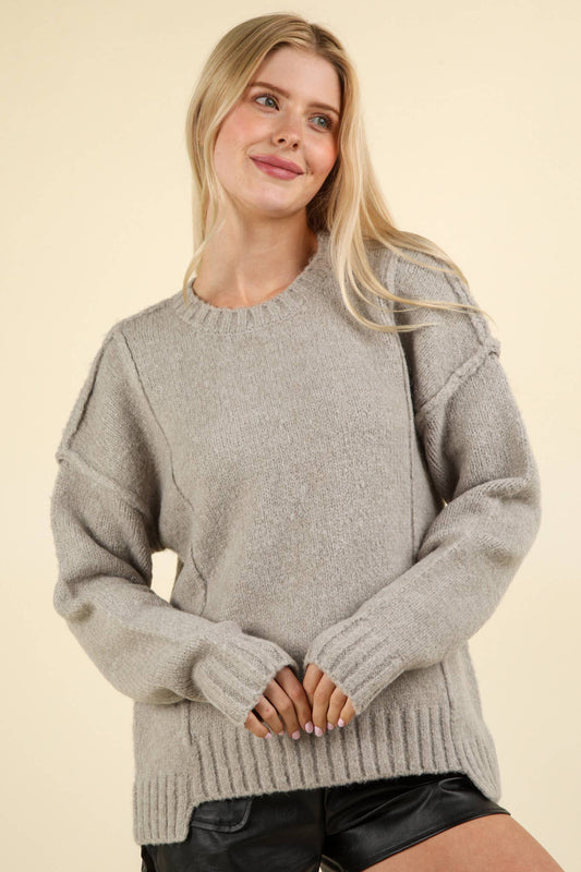 Grey Oversized Knit Pullover Sweater Top