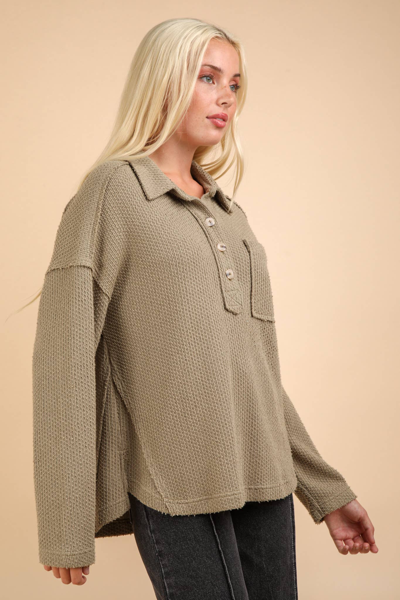 Collared Textured Henley Knit Top