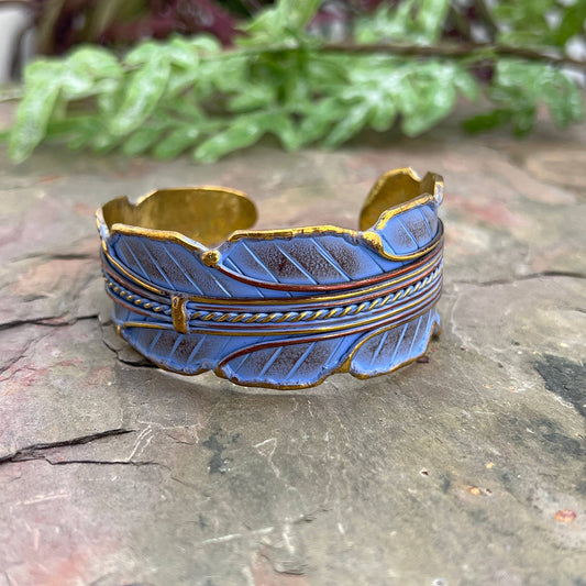 Brass Patina Cuff Bracelet - Blue Leaf