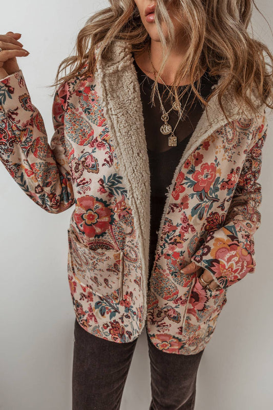 Vintage Paisley Floral Sherpa Lined Hooded Jacket