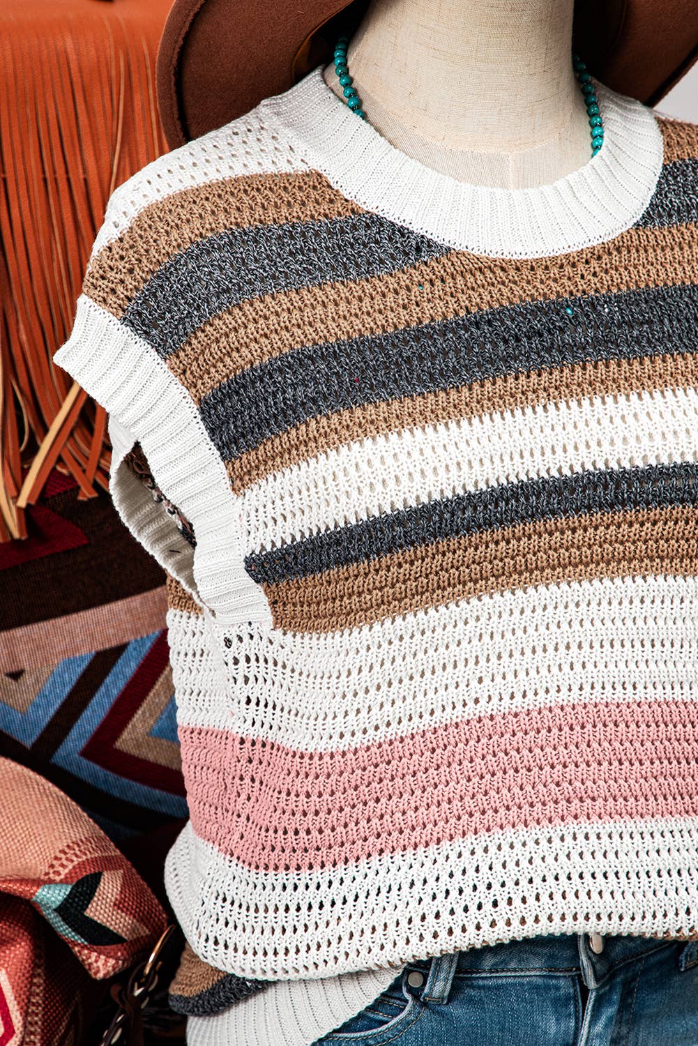 Stripe Eyelet Knit Short Sleeve Sweater Tee