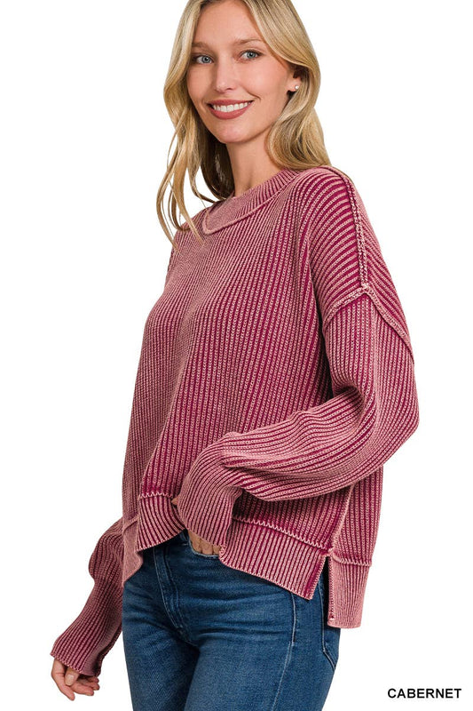 Cabernet Washed Side Slit Oversized Cropped Sweater