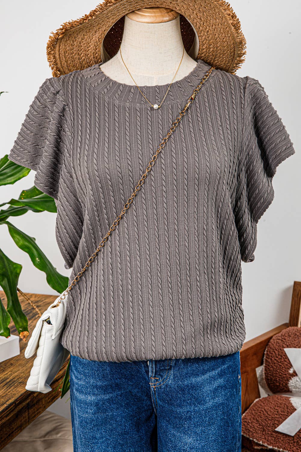 Grey Textured Flutter Sleeve Top