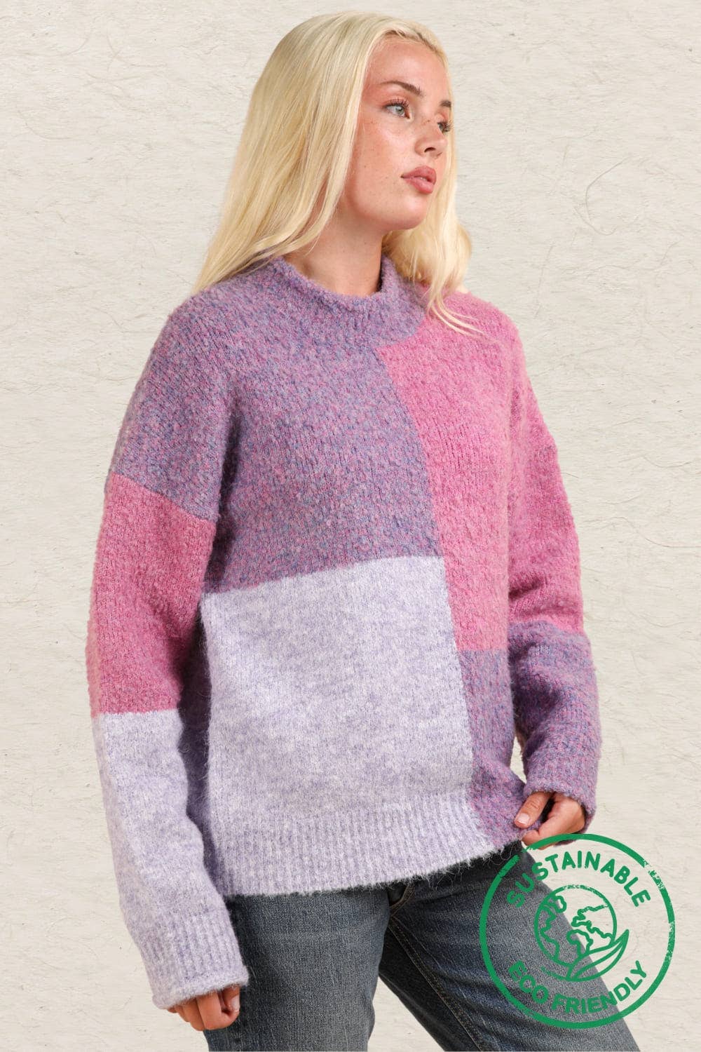 ECO purple Oversized Color Block Cozy Knit Sweater