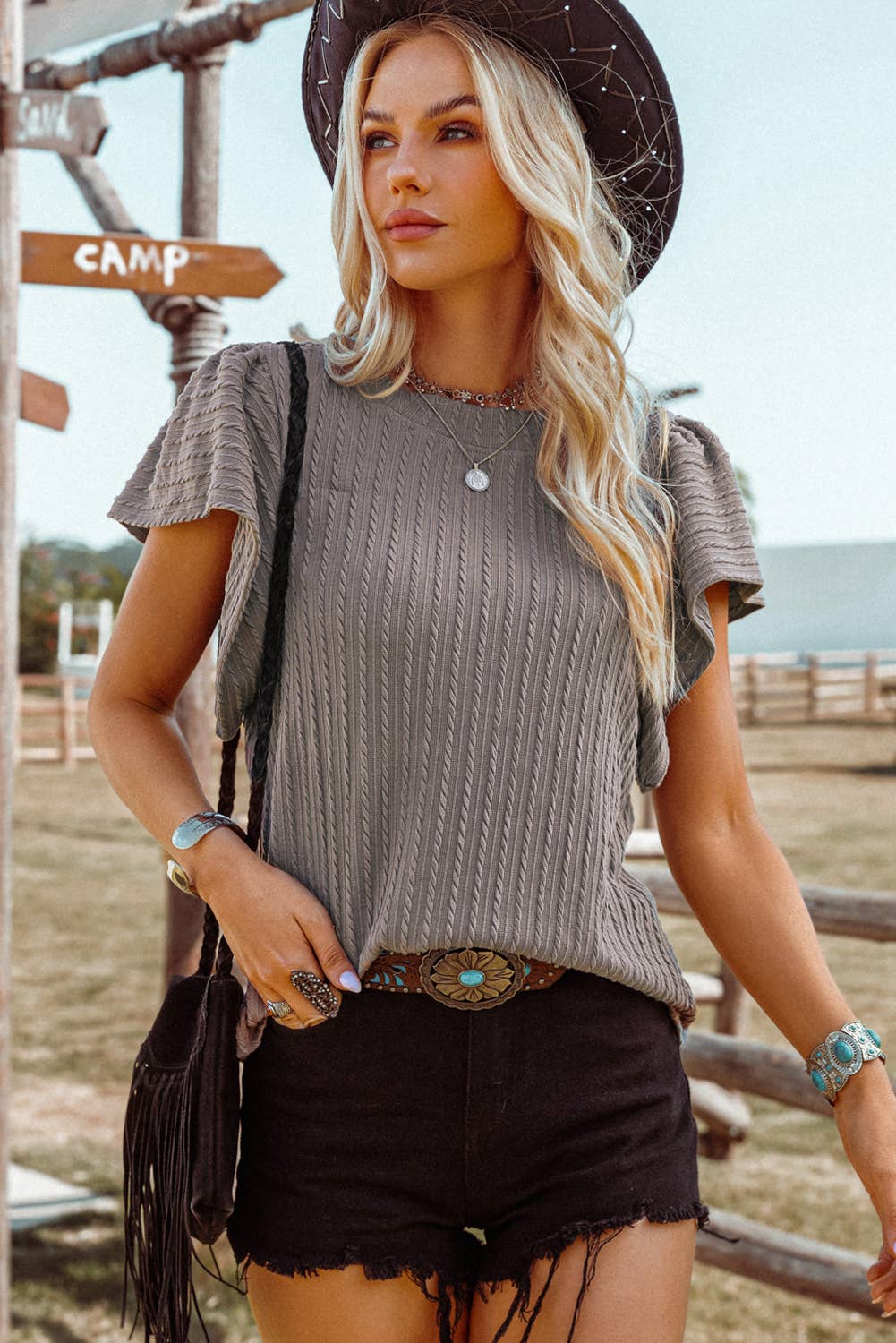 Grey Textured Flutter Sleeve Top