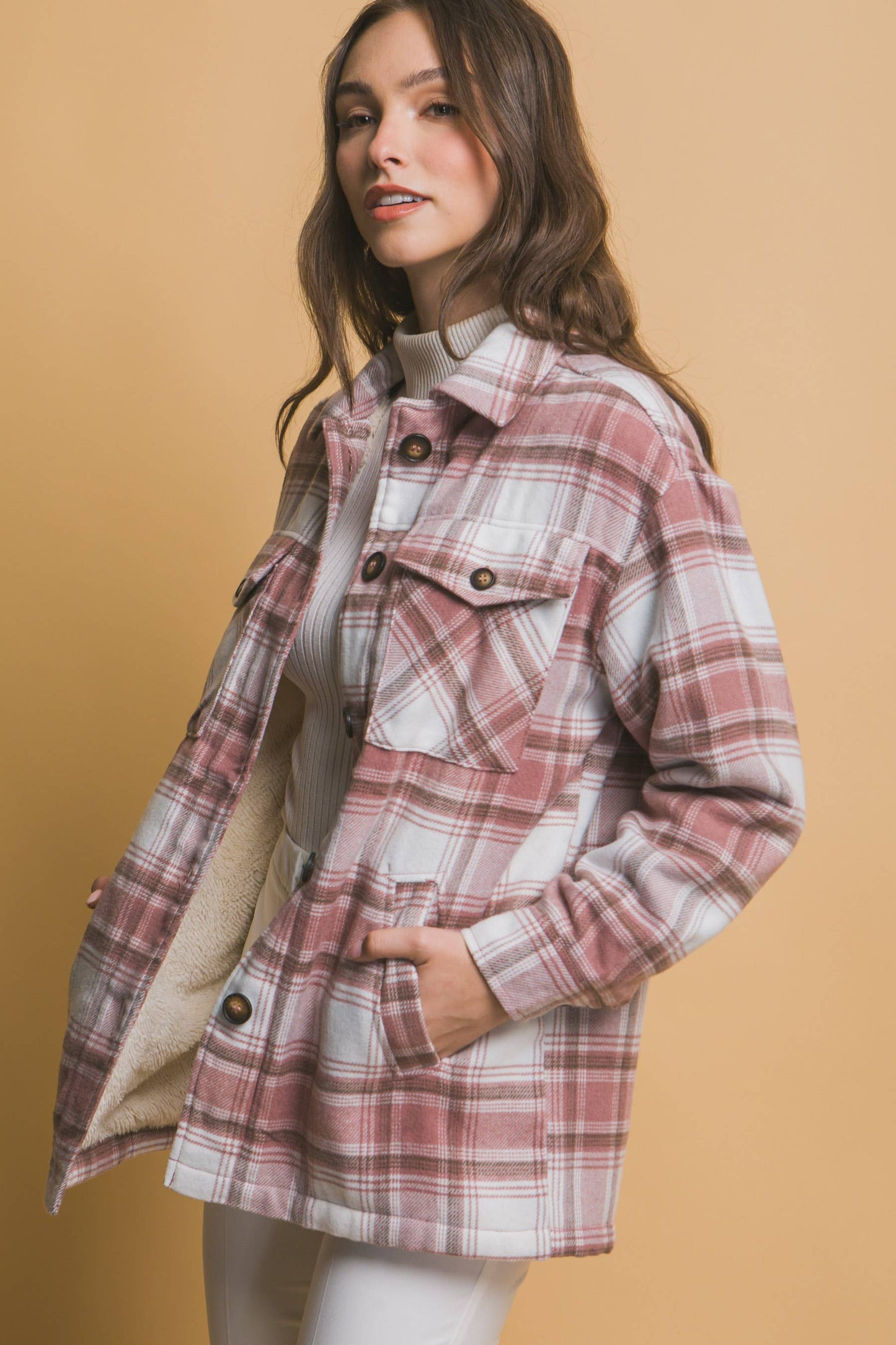 Plaid Button Up Jacket with Sherpa Lining