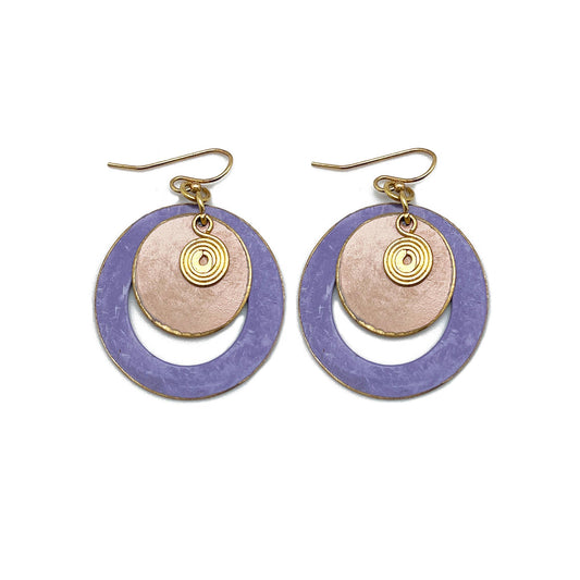 Round Cut out Purple Layers Brass Patina Earrings