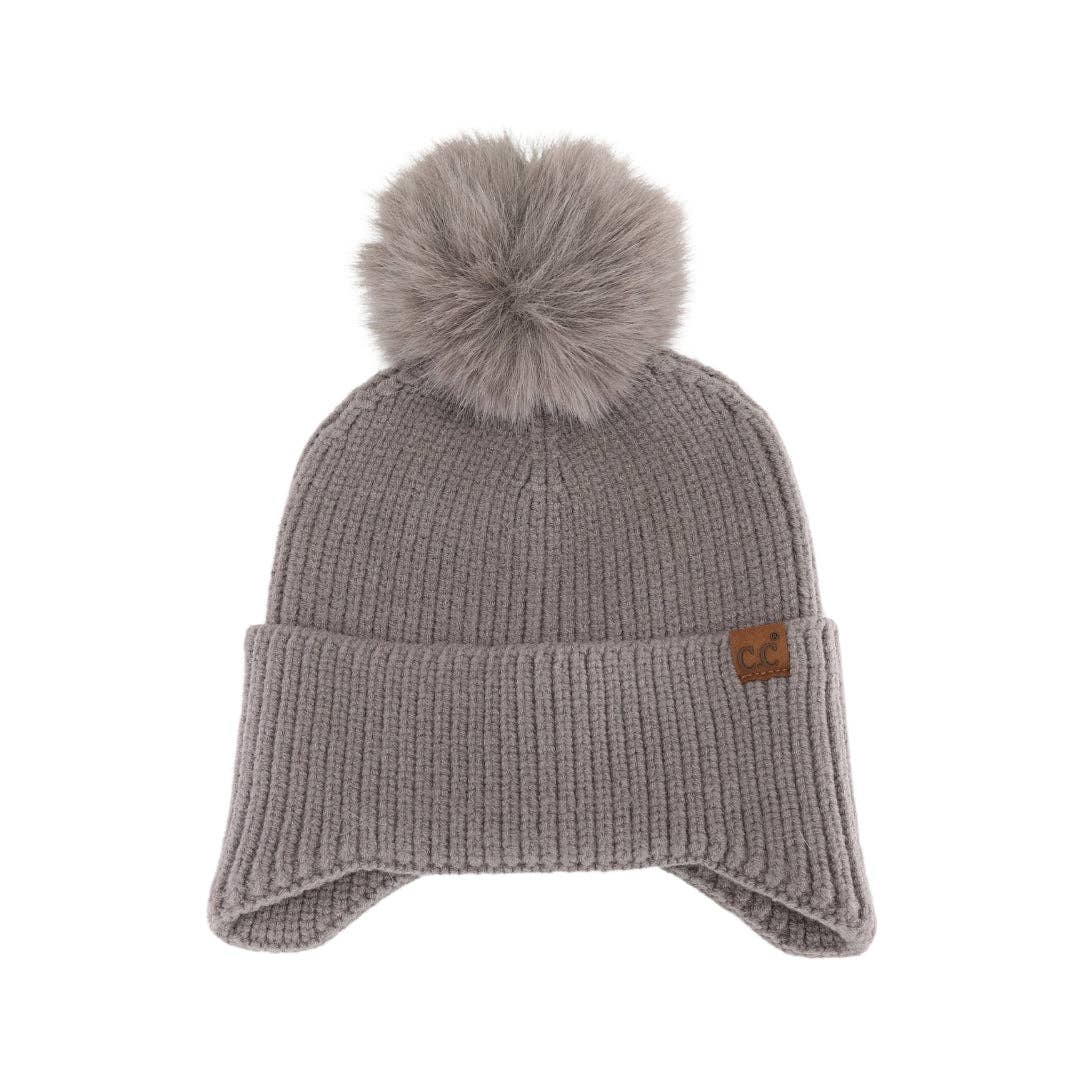 Grey Earflap C.C Faux Fur Pom Beanie