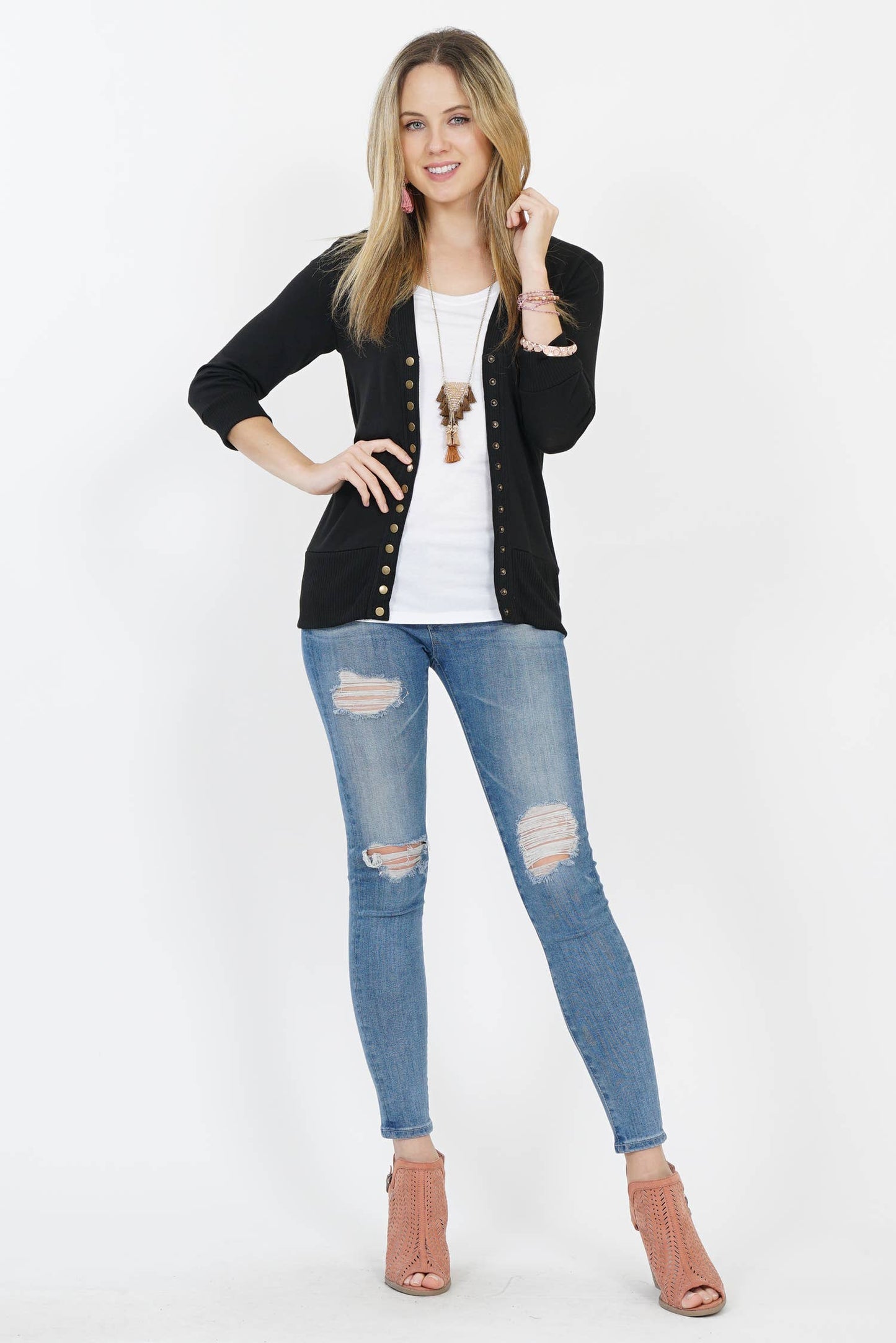 Black Snap Button Cardigan - 3/4 sleeve