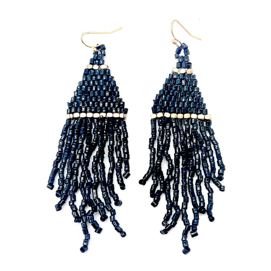 Onyx -Seed bead Fringe Earrings