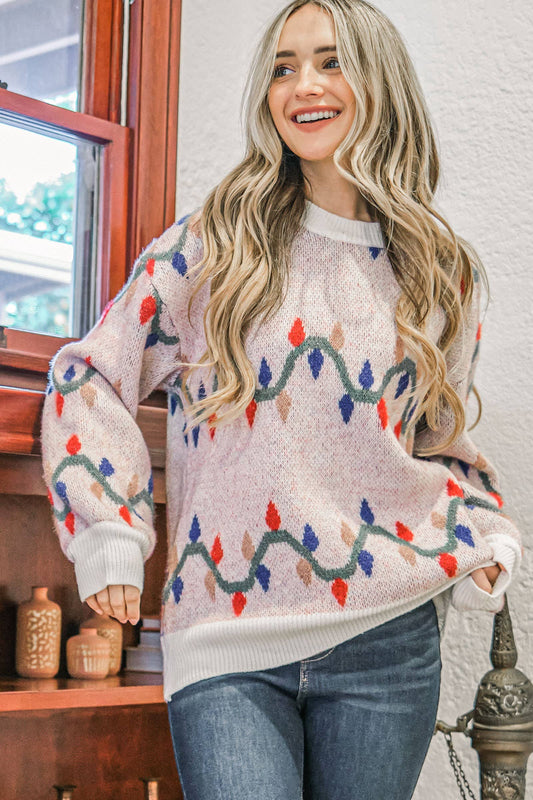 Plus Christmas Light Garland Print Sweater