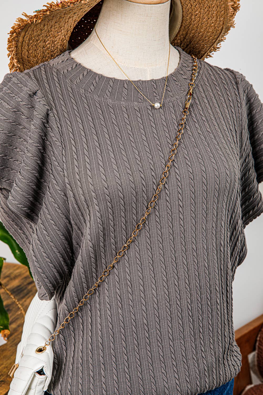 Grey Textured Flutter Sleeve Top