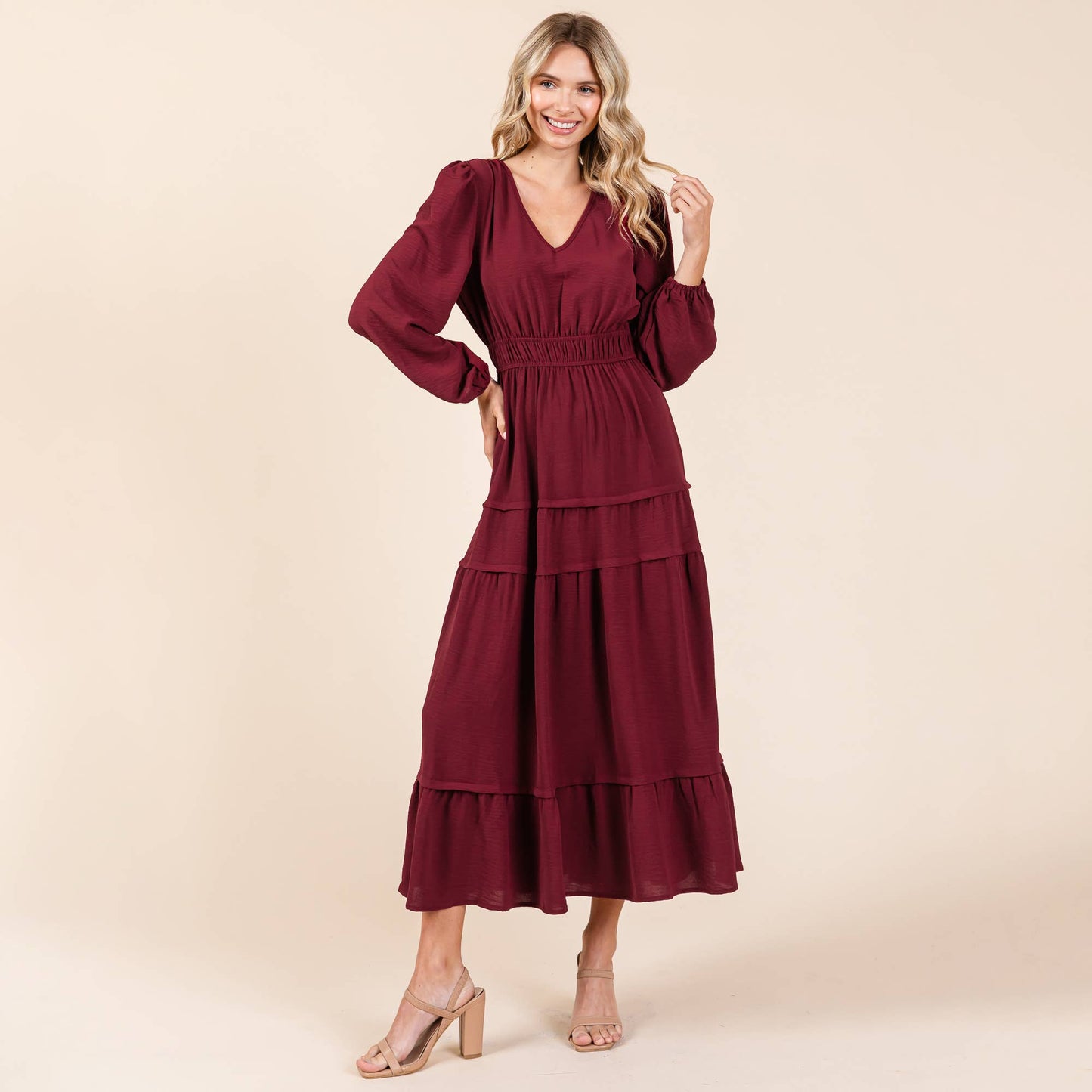 Burgundy Tiered Midi Dress