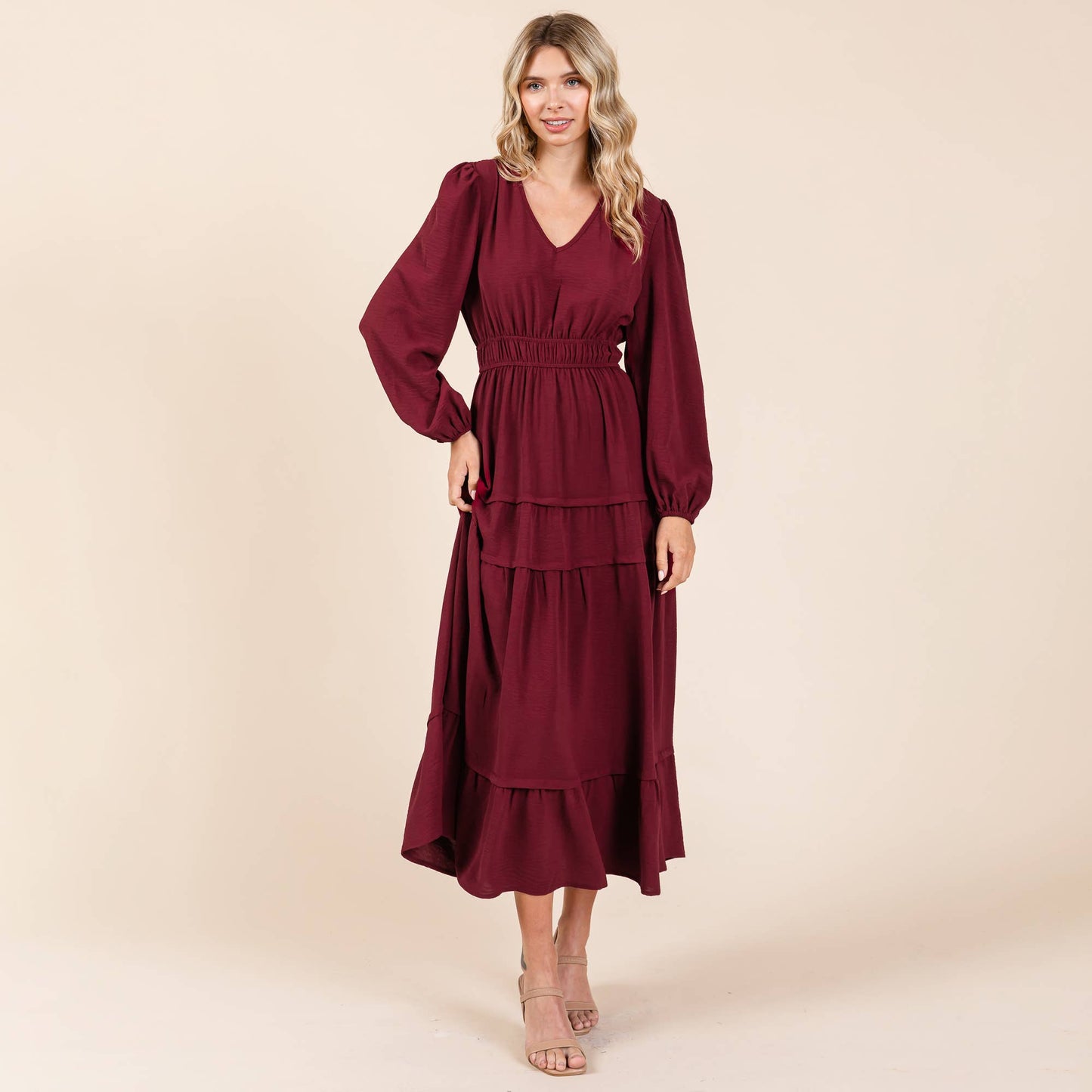 Burgundy Tiered Midi Dress