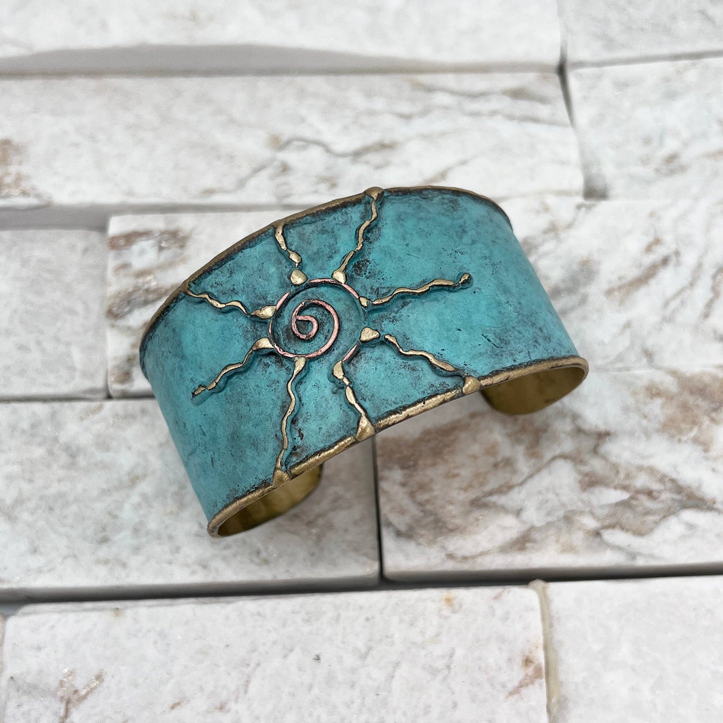 Teal sun -Brass Patina Cuff Bracelet