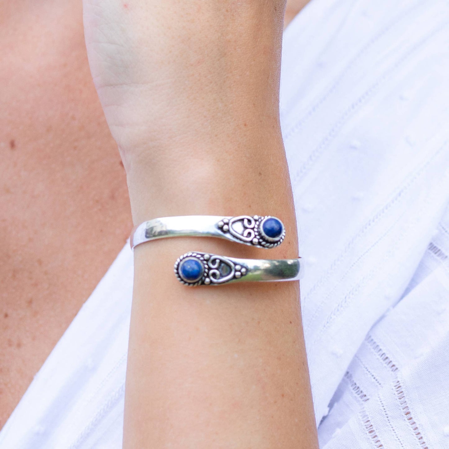 Bangle Bracelet - Silver with Lapis