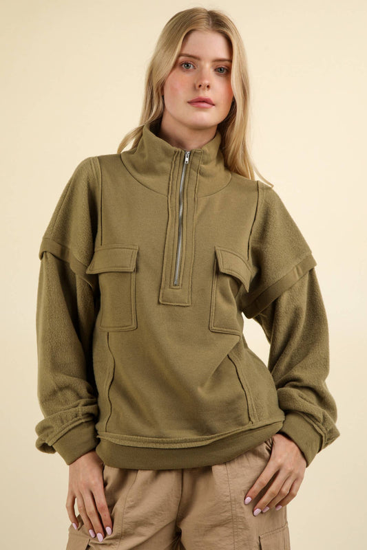 Olive Contrast Fabric Henley Sweatshirt