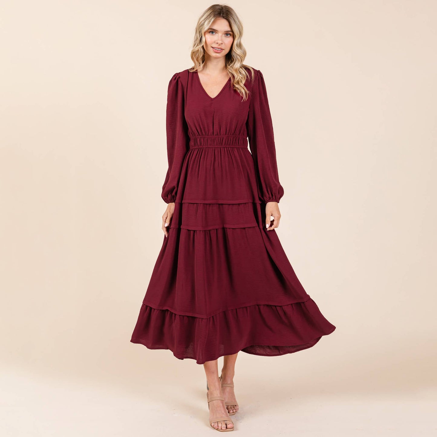 Burgundy Tiered Midi Dress