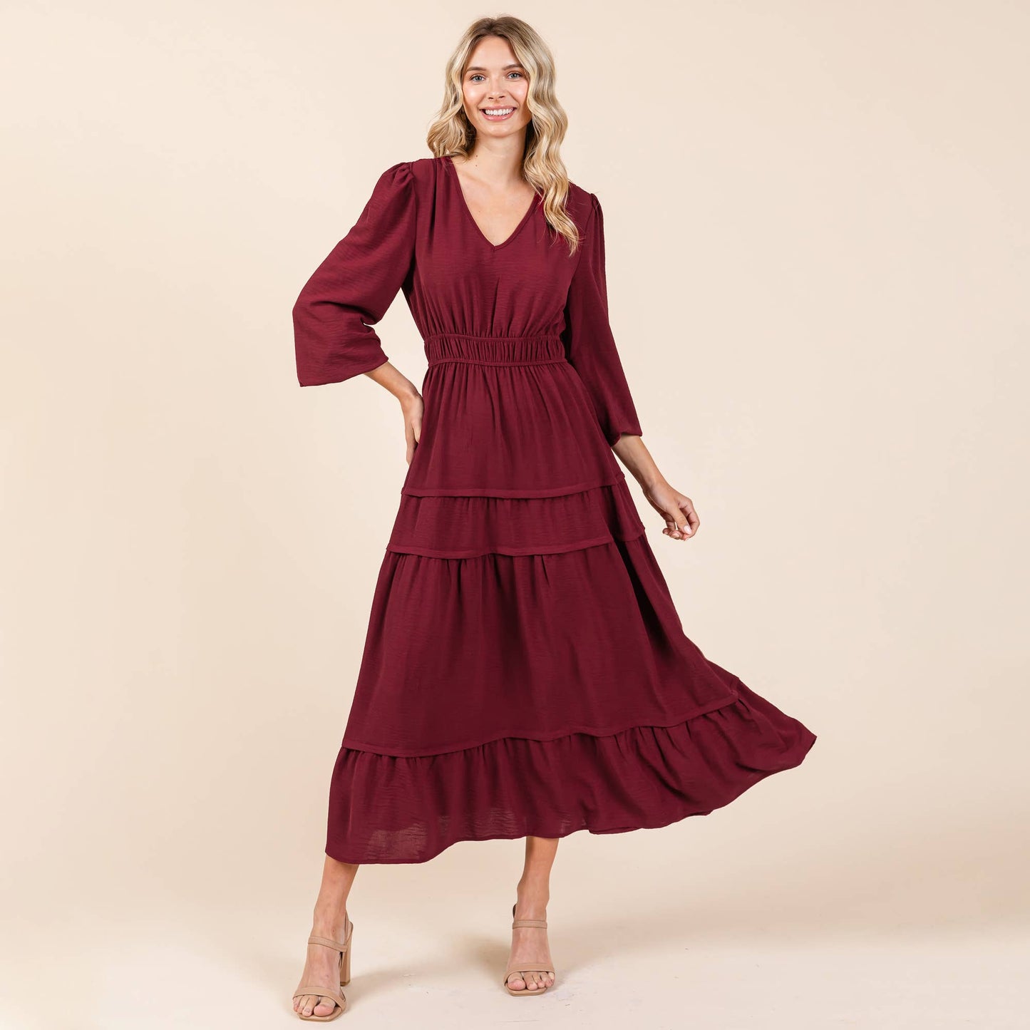 Burgundy Tiered Midi Dress