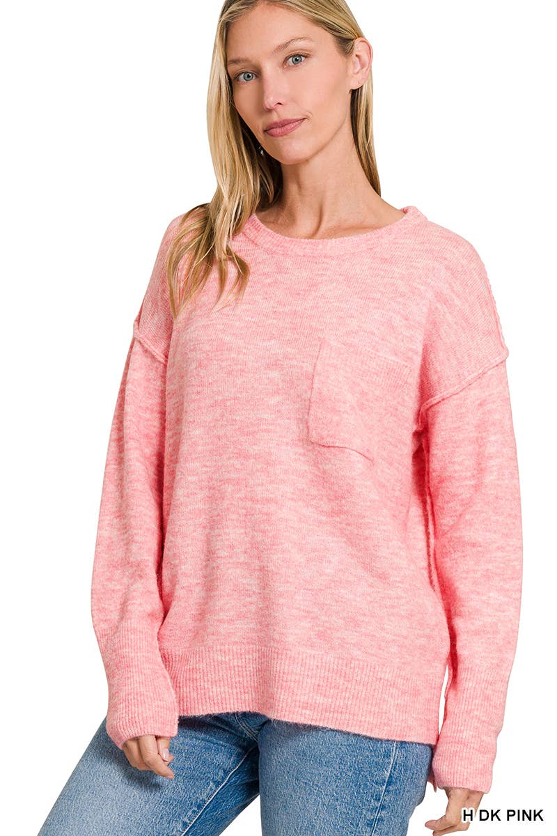 Melange Hem Pocket Round Neck Sweater