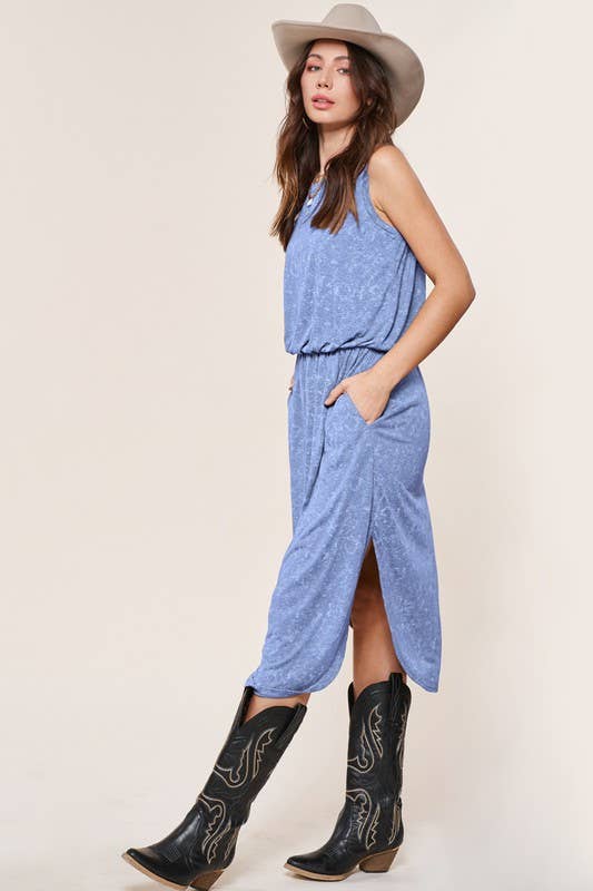 Blue Side Pocket Sleeveless Dress