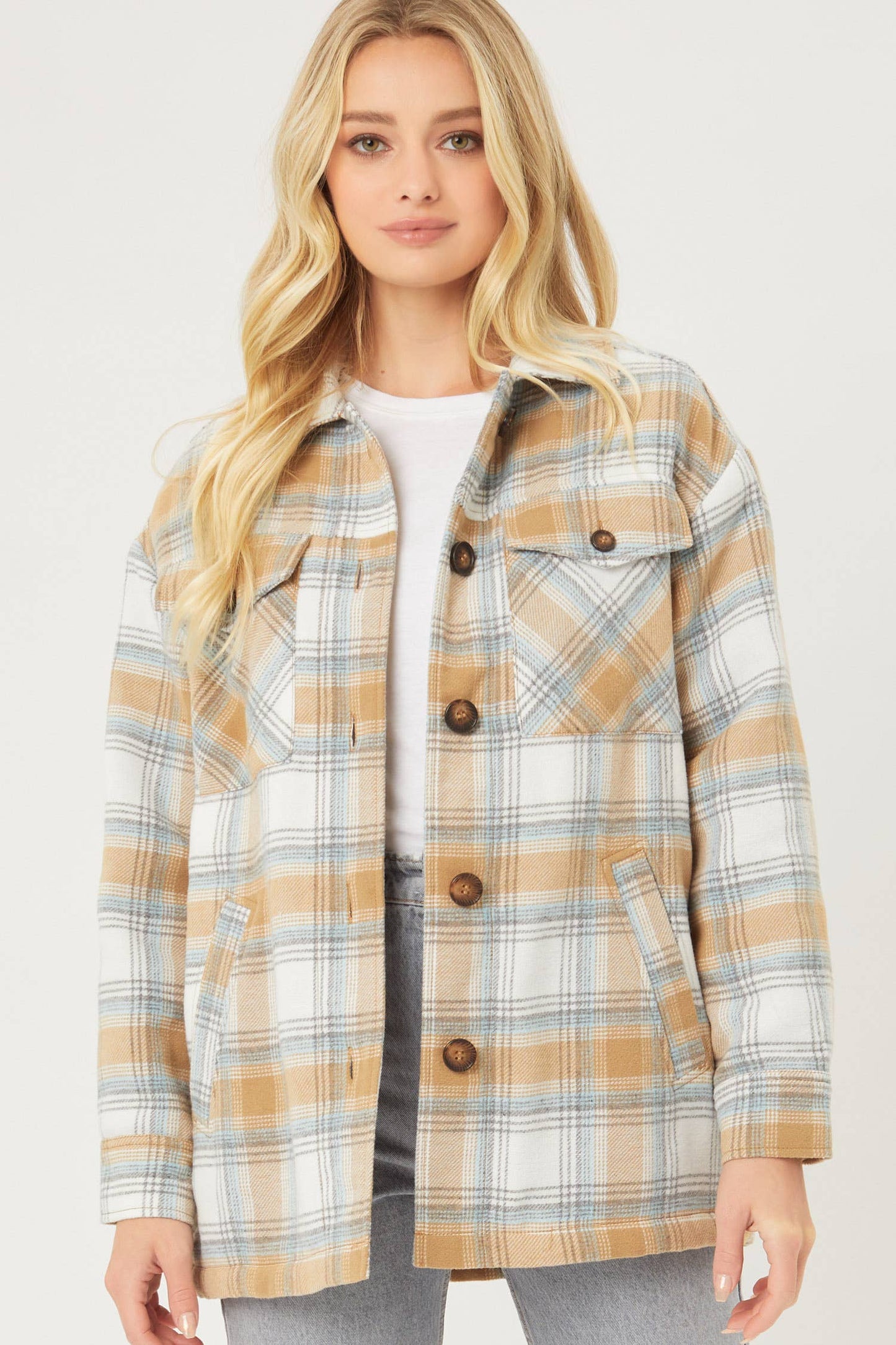 Plaid Button Up Jacket with Sherpa Lining